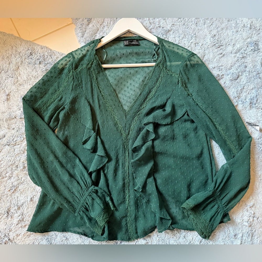 Zara Deep Green Sheer Ruffle V-Neck Blouse  Size M